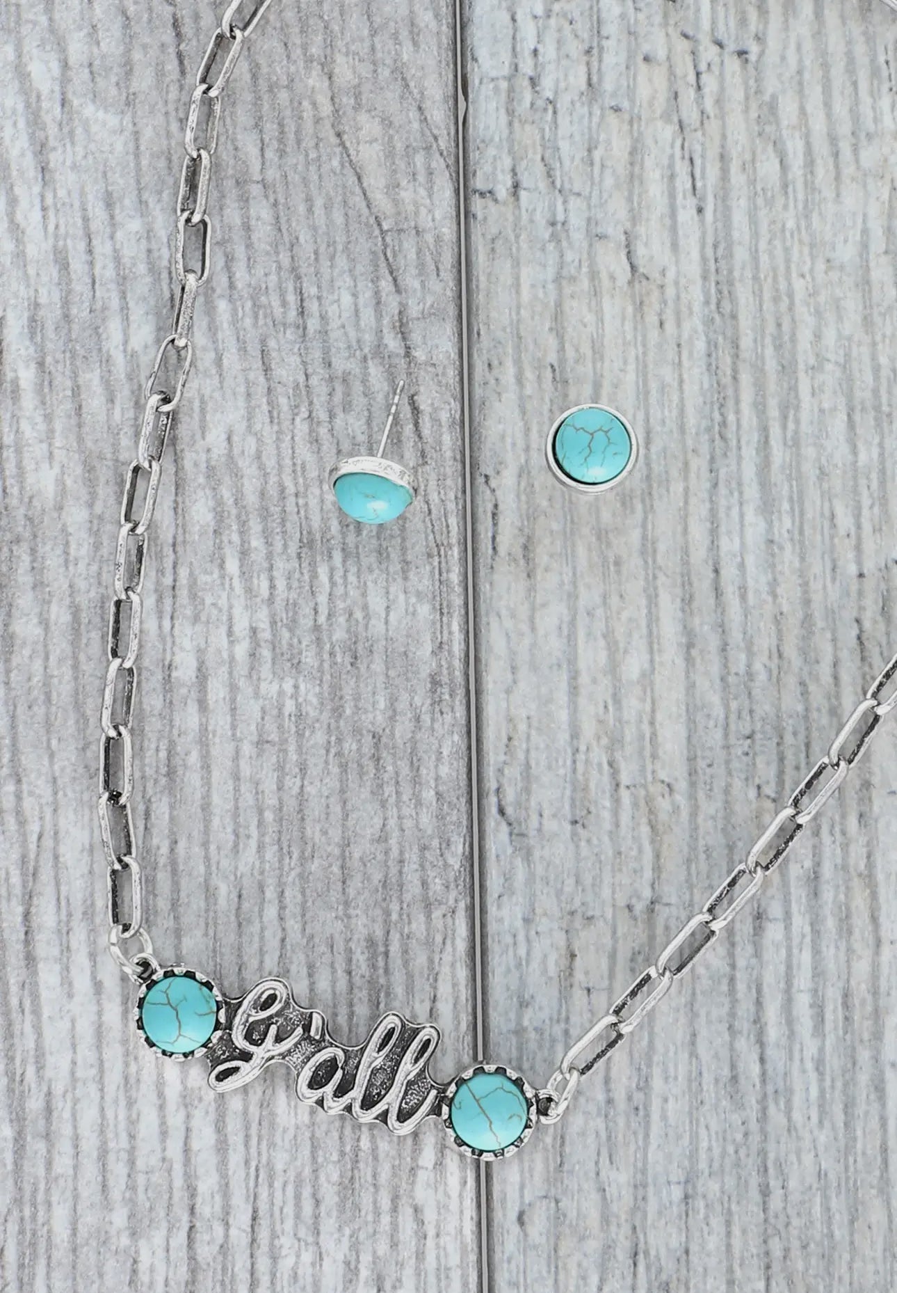 "Y'all" Turquoise Semi Stone Pendant Chain Necklace Set