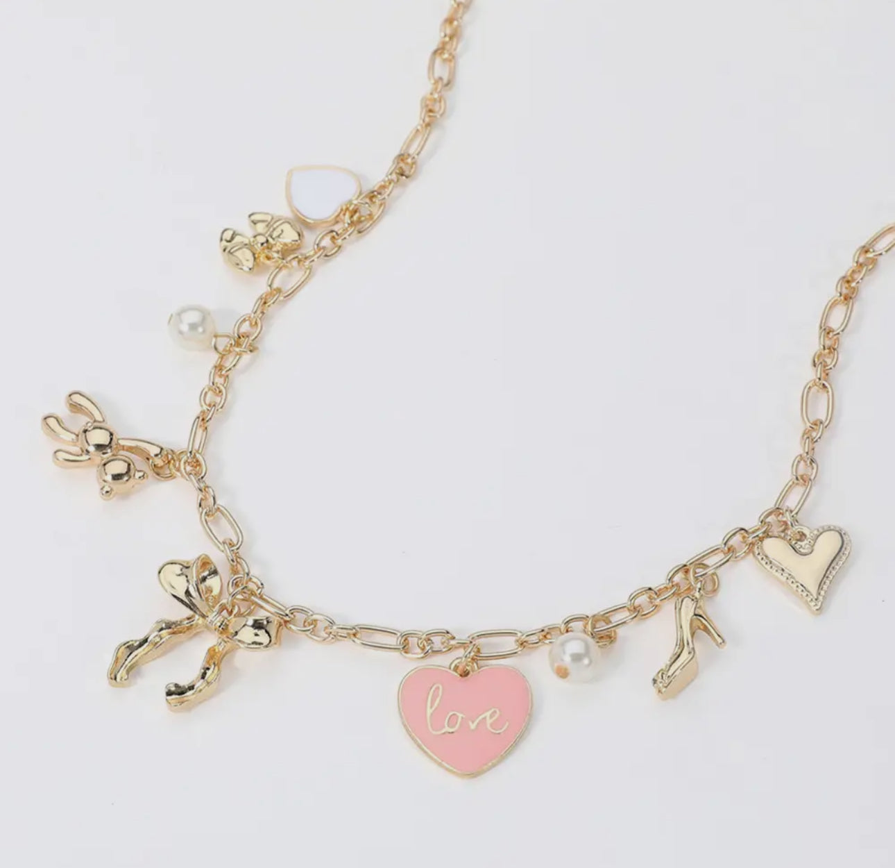 Heart Pearl Teddy Bear Bow Necklace