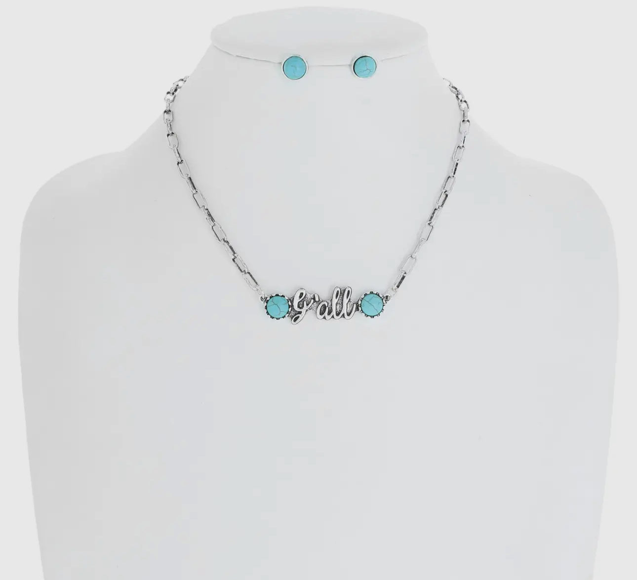 "Y'all" Turquoise Semi Stone Pendant Chain Necklace Set