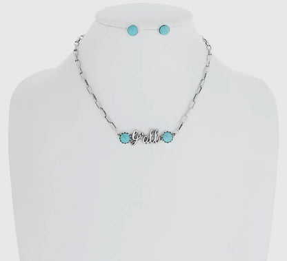 "Y'all" Turquoise Semi Stone Pendant Chain Necklace Set