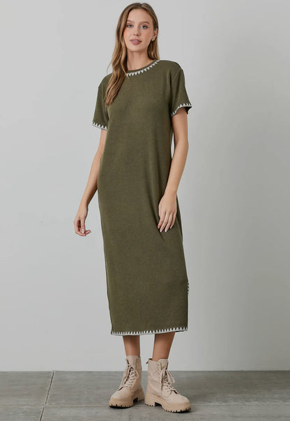 Embroidered Ribbed T Shirt Dress