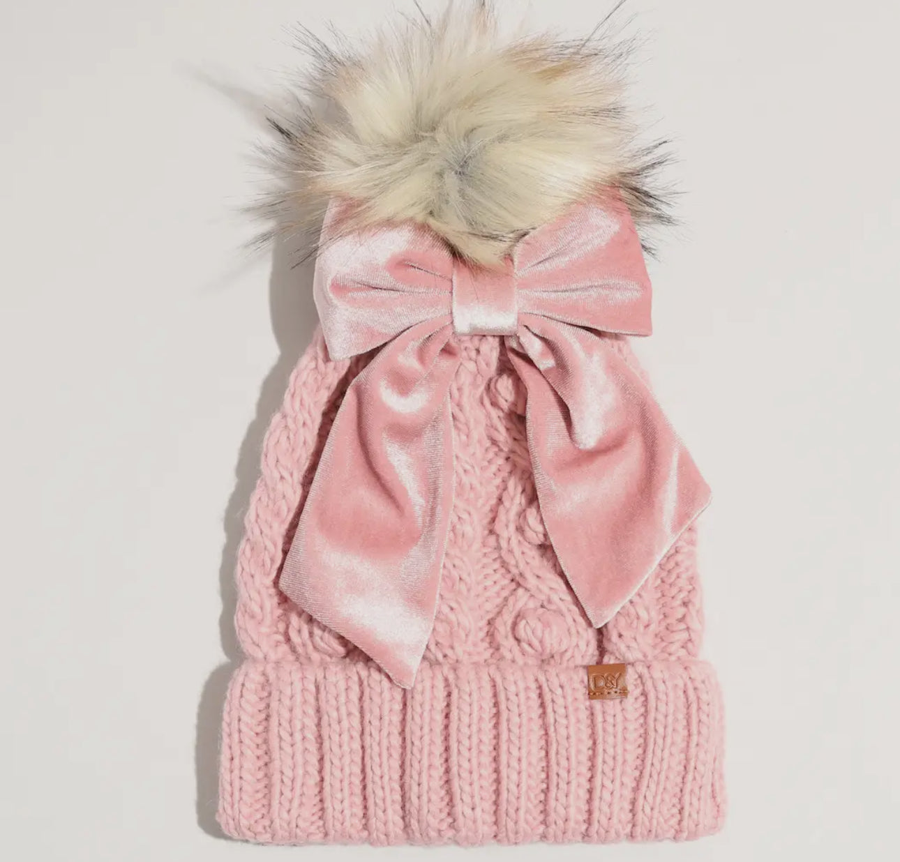 Winter Knitted Beanie Pom Pom Ribbon Bow Scrunchie