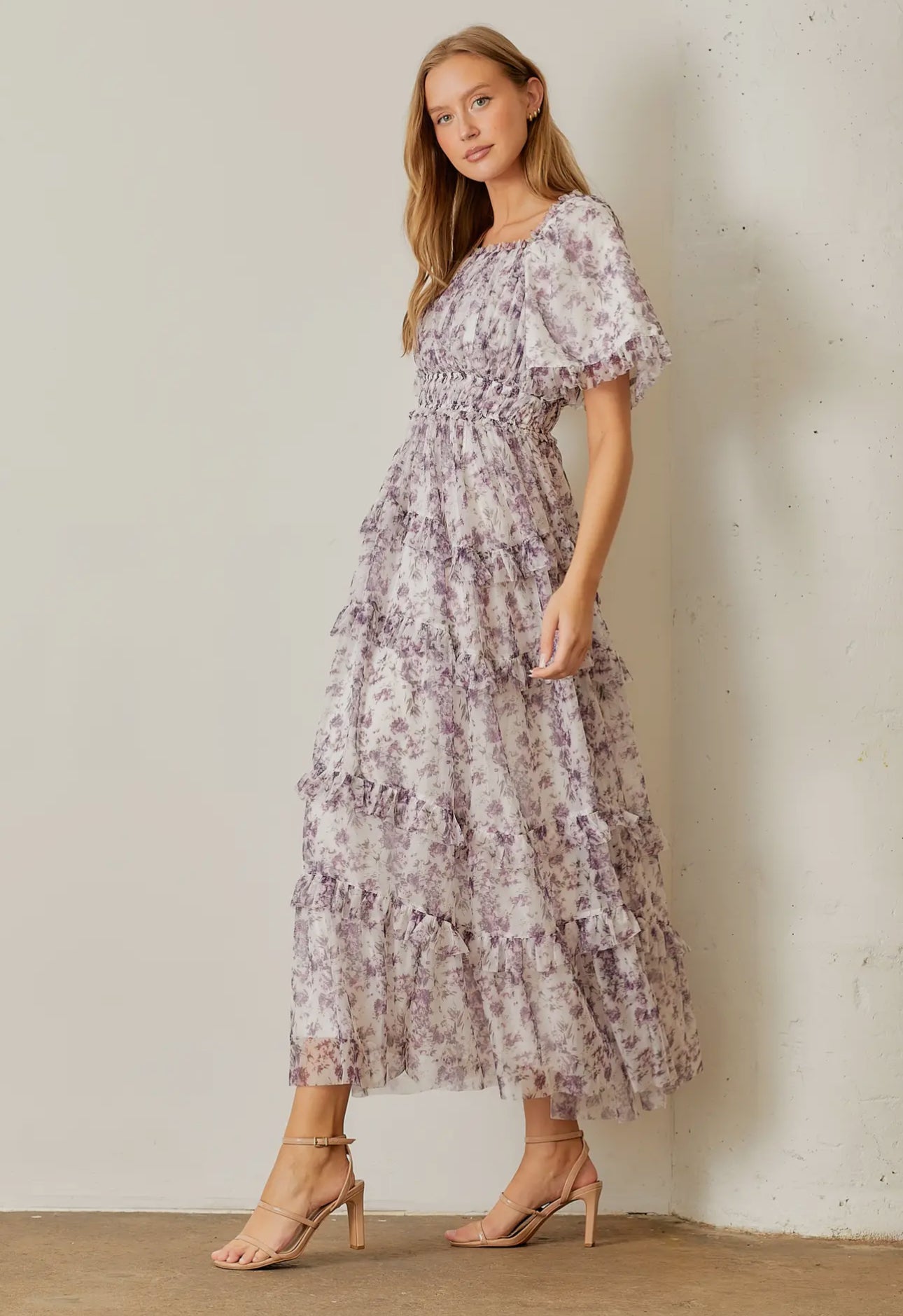 Floral Printed Sheer Ruffle Tiered
Tulle Dress