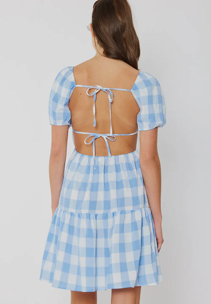 Open Back Gingham Print Short
Dress/Puff Sleeves